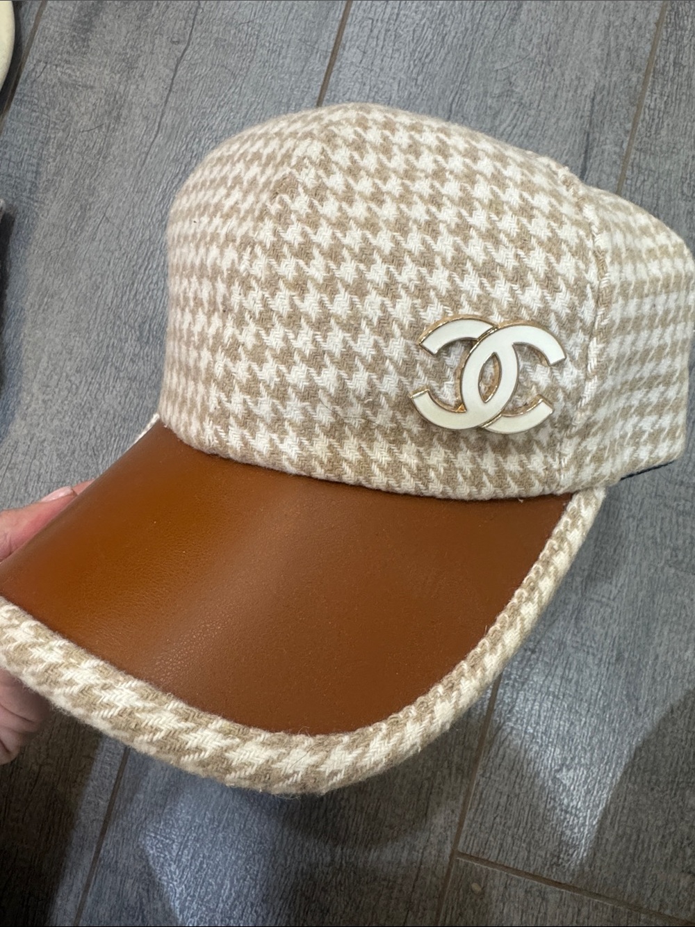 CC Beige Houndstooth Cap with Brown Leather like detail